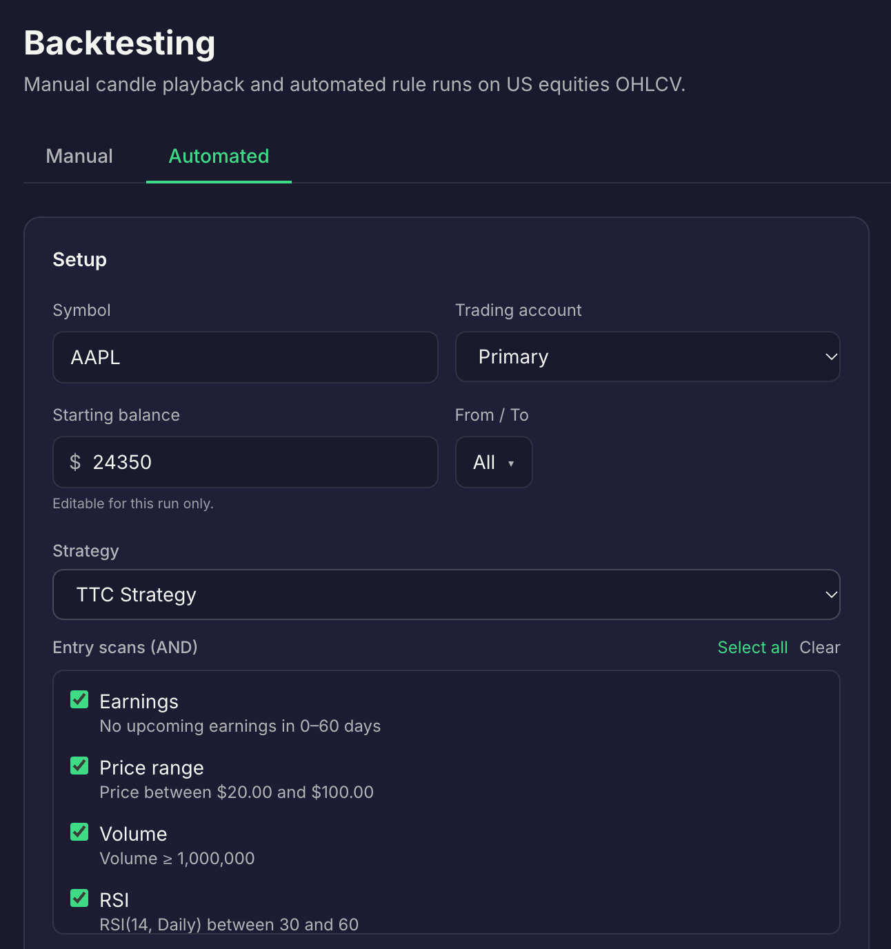 Backtesting strategy showing Earnings as a filter