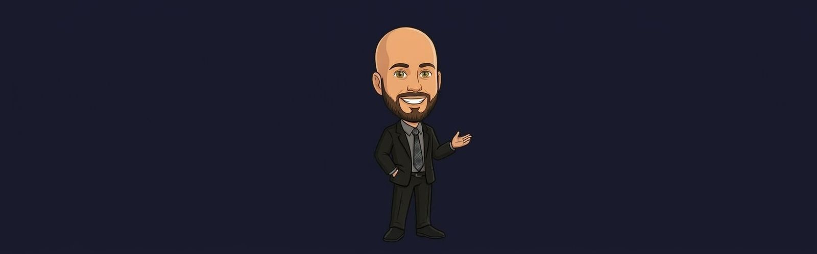 A full-body cartoon illustration of a smiling bald man with a beard, wearing a black suit and a patterned tie, gesturing with one hand against a dark navy blue background.