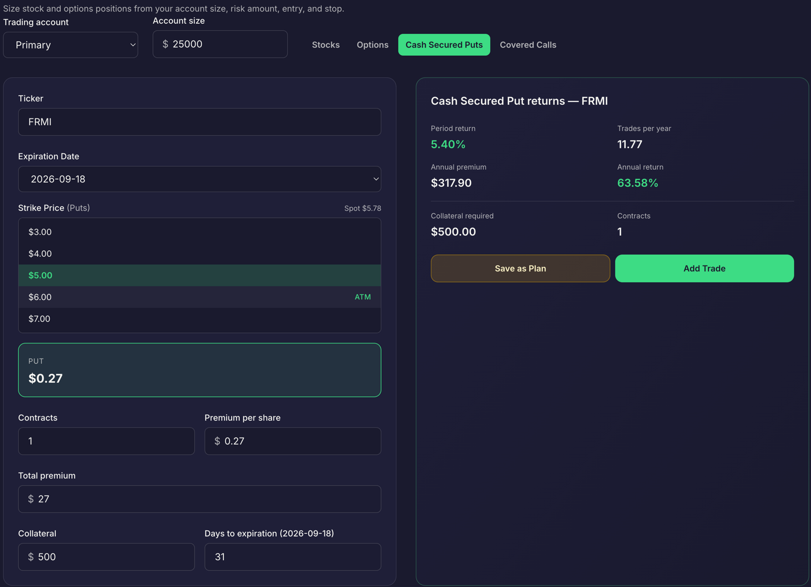 Risk Management Cash Secured Put sizing