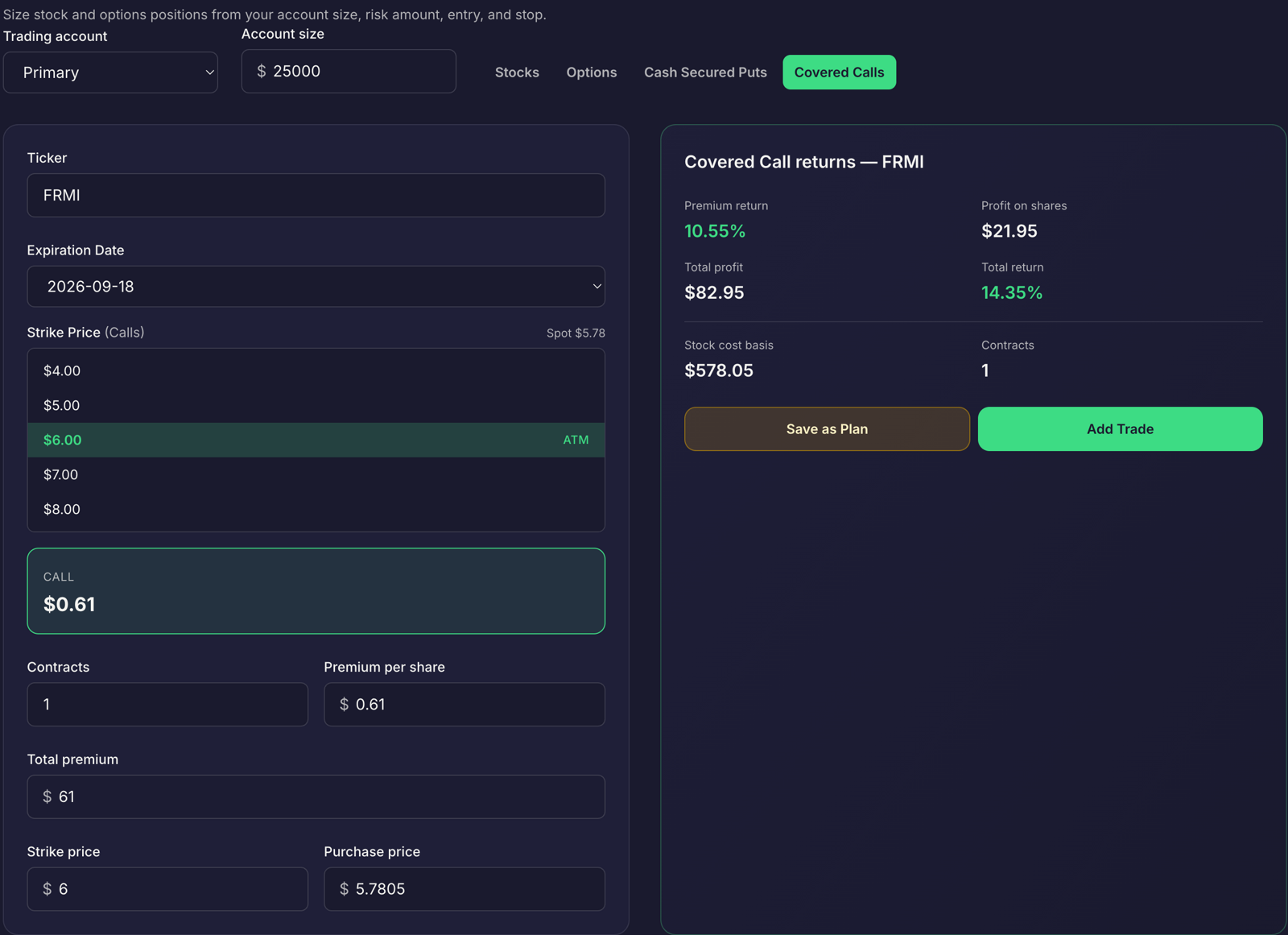 Risk Management Covered Call sizing