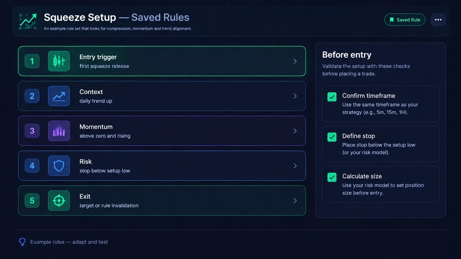 Dark-mode strategy rule-builder mockup showing a squeeze release entry trigger, daily trend and momentum filters, a stop rule, and an exit condition.
