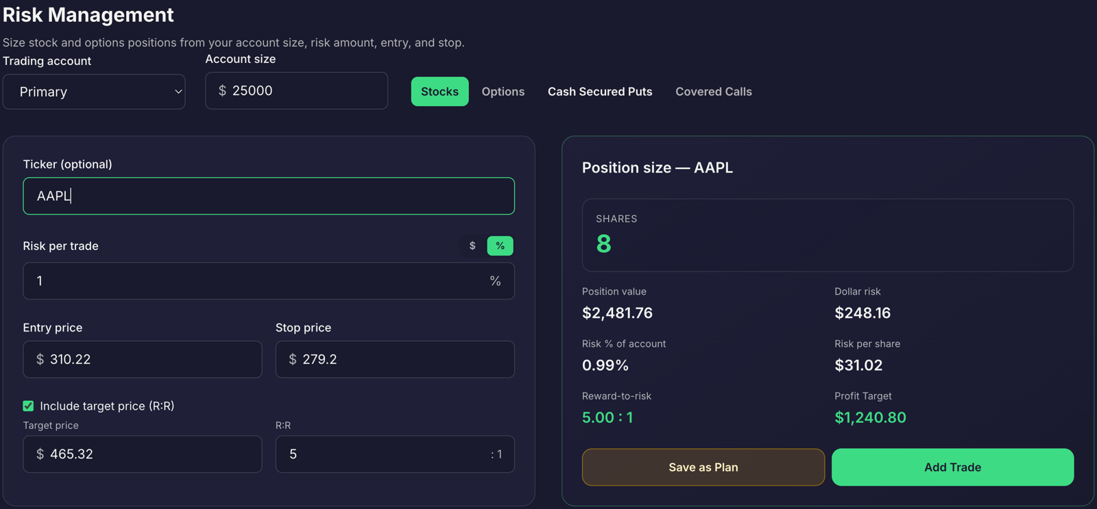 Position size calculator screen showing account size of 25,000 dollars, one percent risk per trade, entry at 310.22 dollars, stop at 279.20 dollars, and a readout of 8 shares for stocks.