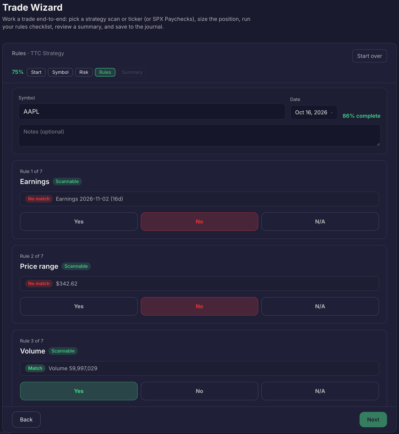 Trade Wizard showing auto-scannable rule results
